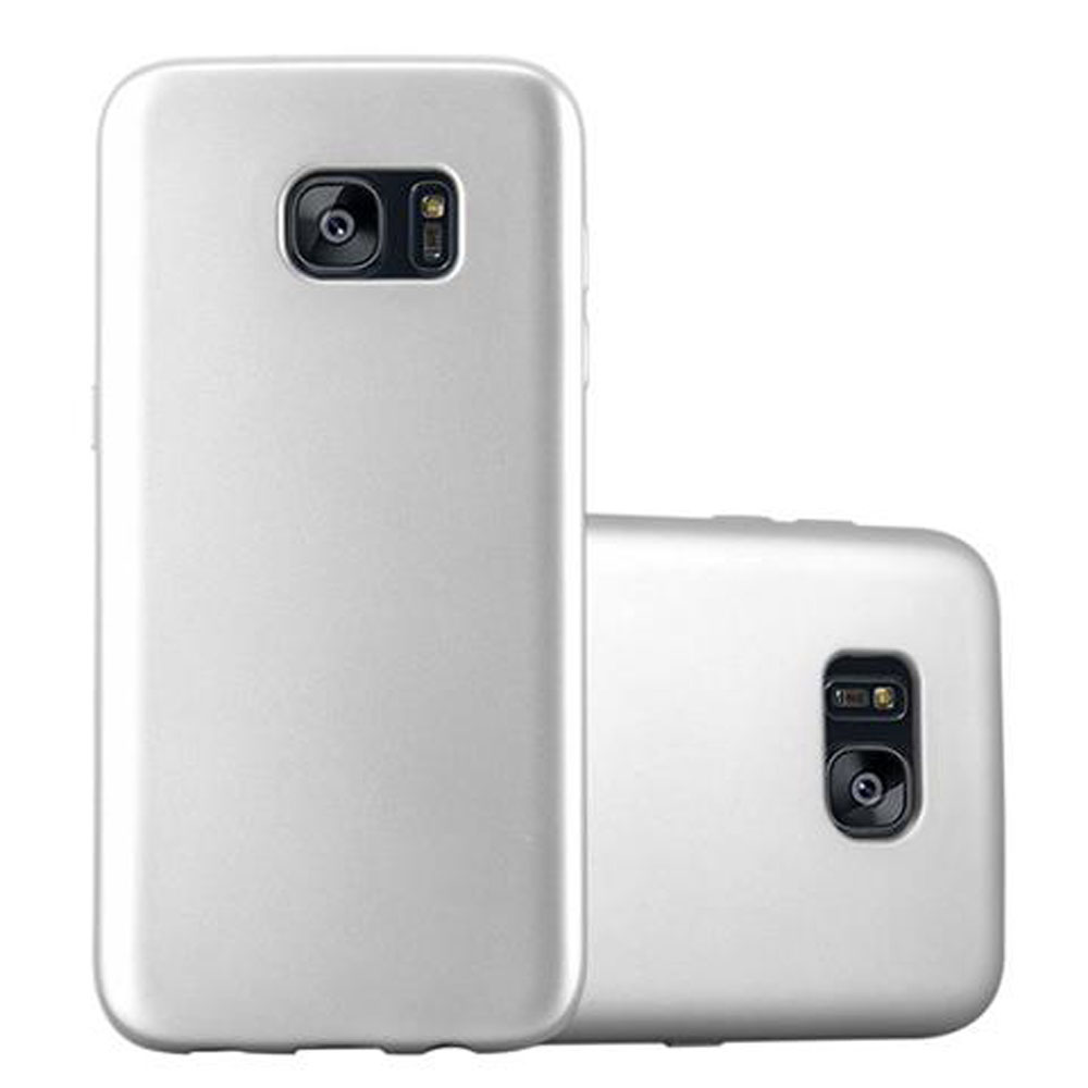 Zwei silberne Handyhüllen, eine mit Telefon, die andere daneben.