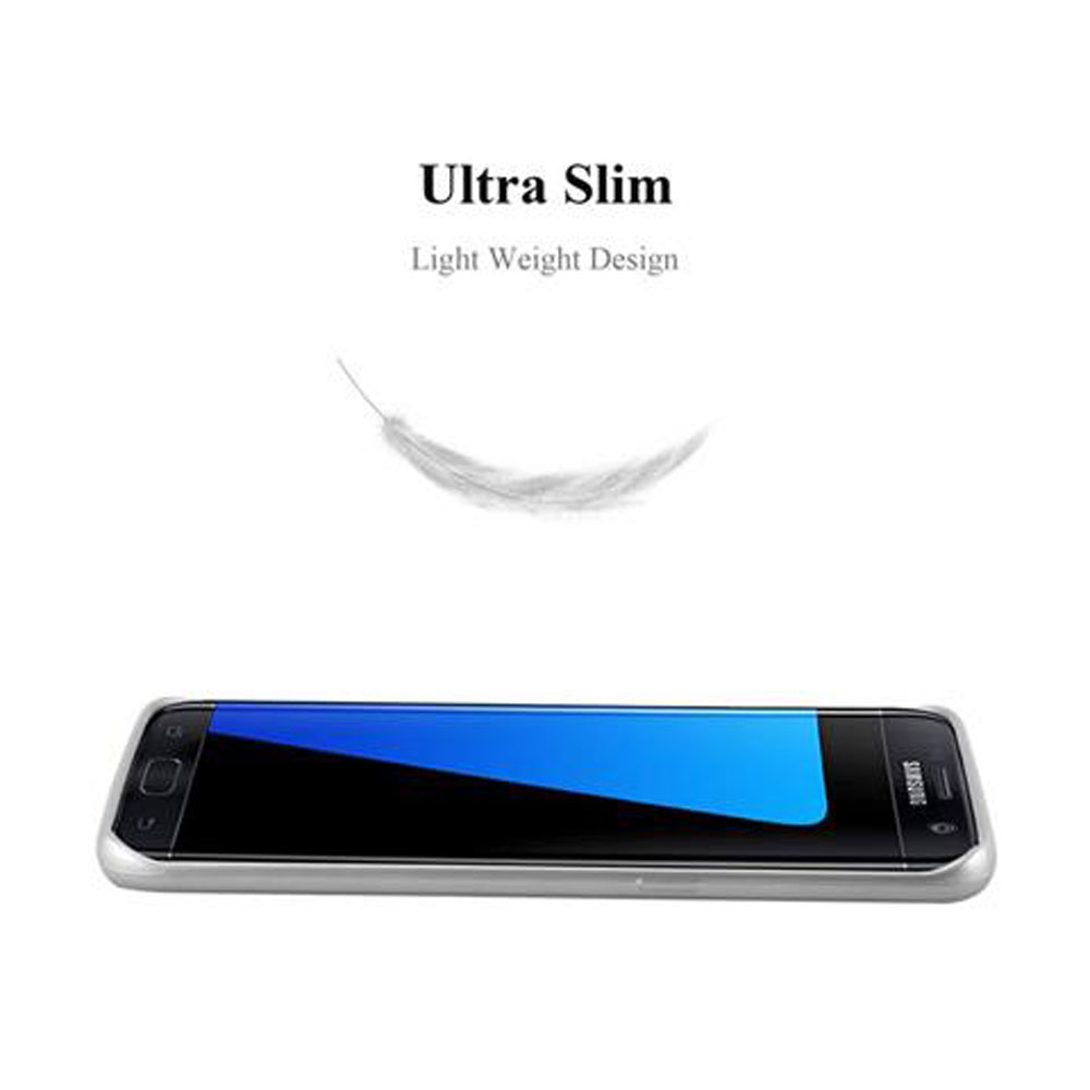 Ein Telefon mit blauem Bildschirm und silbernem Gehäuse, mit einer darüber schwebenden Feder.