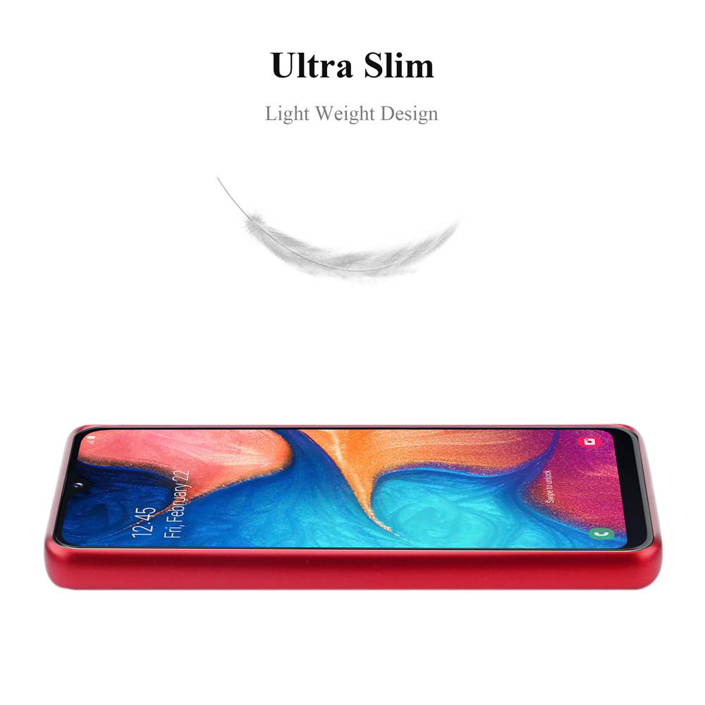 Rote Handyhülle mit Telefon, Text 'Ultra Slim' und Feder auf weißem Hintergrund.