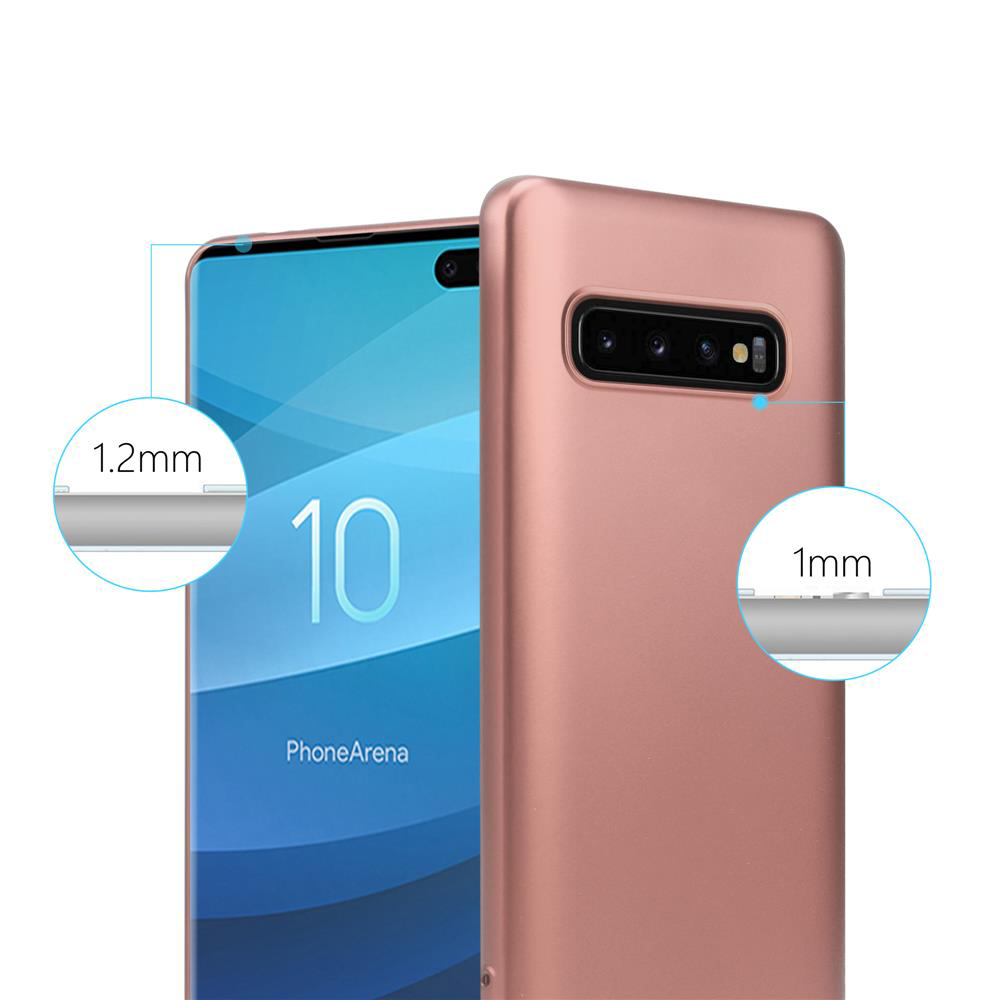 Una custodia per telefono color oro rosa con il telefono all'interno. Il testo indica lo schermo e la fotocamera rialzati.