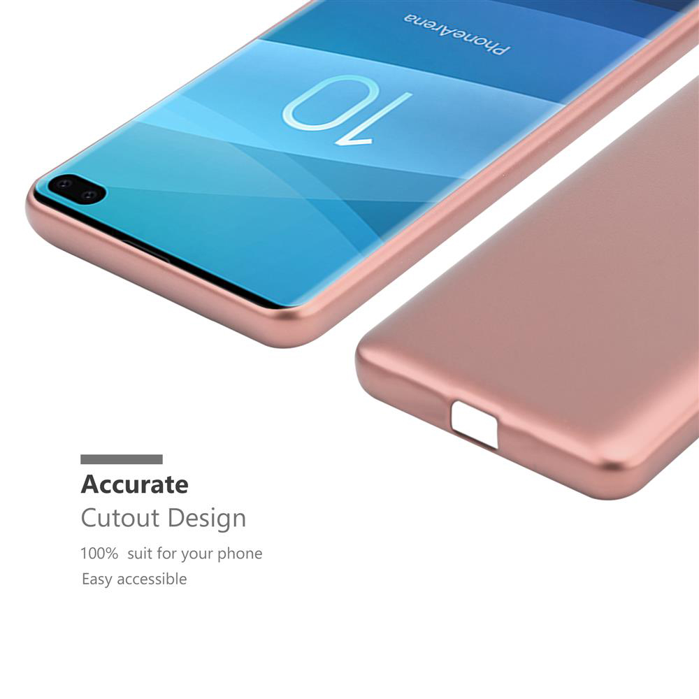 Una custodia e un telefono color oro rosa. Mostra uno schermo con le parole 'PhoneArena'.