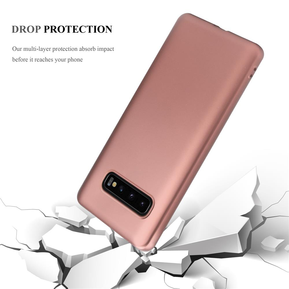 Custodia per telefono oro rosa che cade su terreno incrinato, protezione dalle cadute pubblicizzata.
