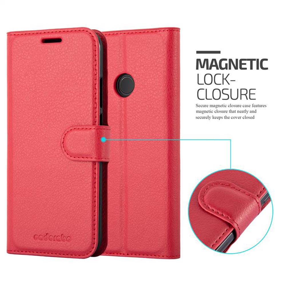 Custodia rossa per telefono con chiusura magnetica, che mostra il meccanismo di chiusura.