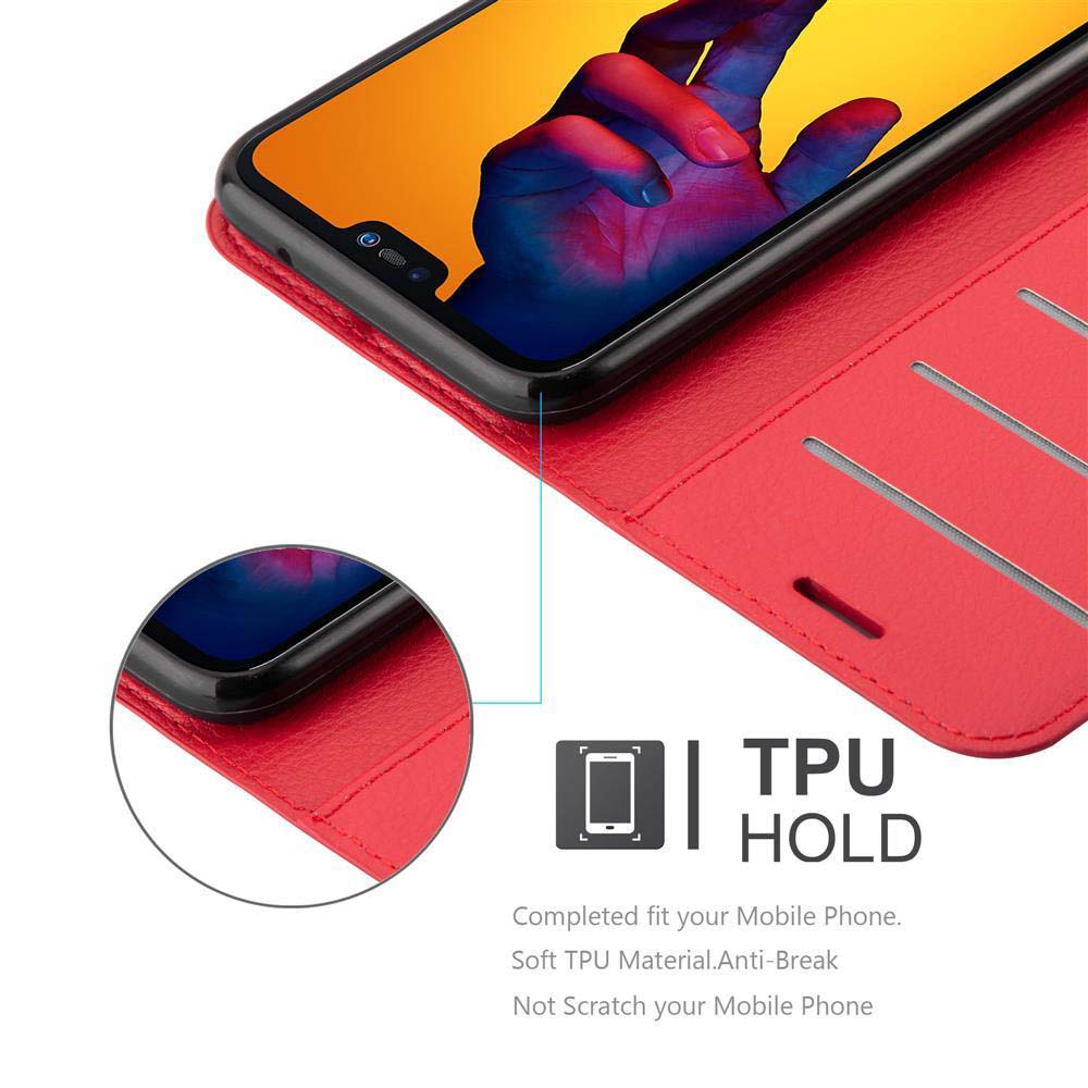 Custodia per telefono rossa aperta. Mostra il telefono all'interno e il testo: 'TPU HOLD'. La custodia è realizzata in materiale morbido.