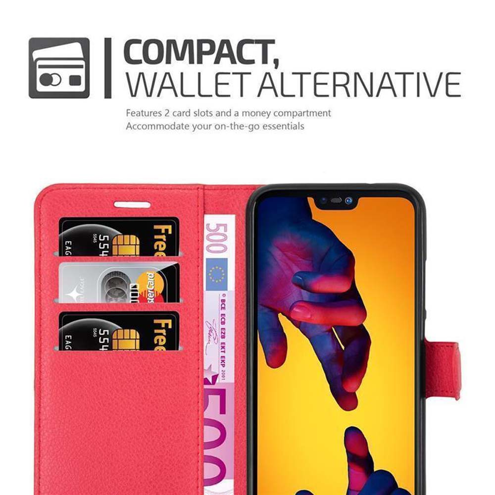 Custodia per telefono rossa con carte e denaro all'interno. È un'alternativa compatta al portafoglio. Dispone di 2 slot per carte.