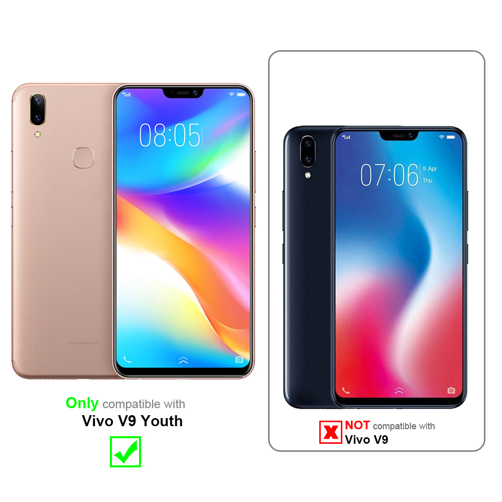 Due telefoni. Uno dorato compatibile con Vivo V9 Youth e uno nero, non compatibile con Vivo V9.