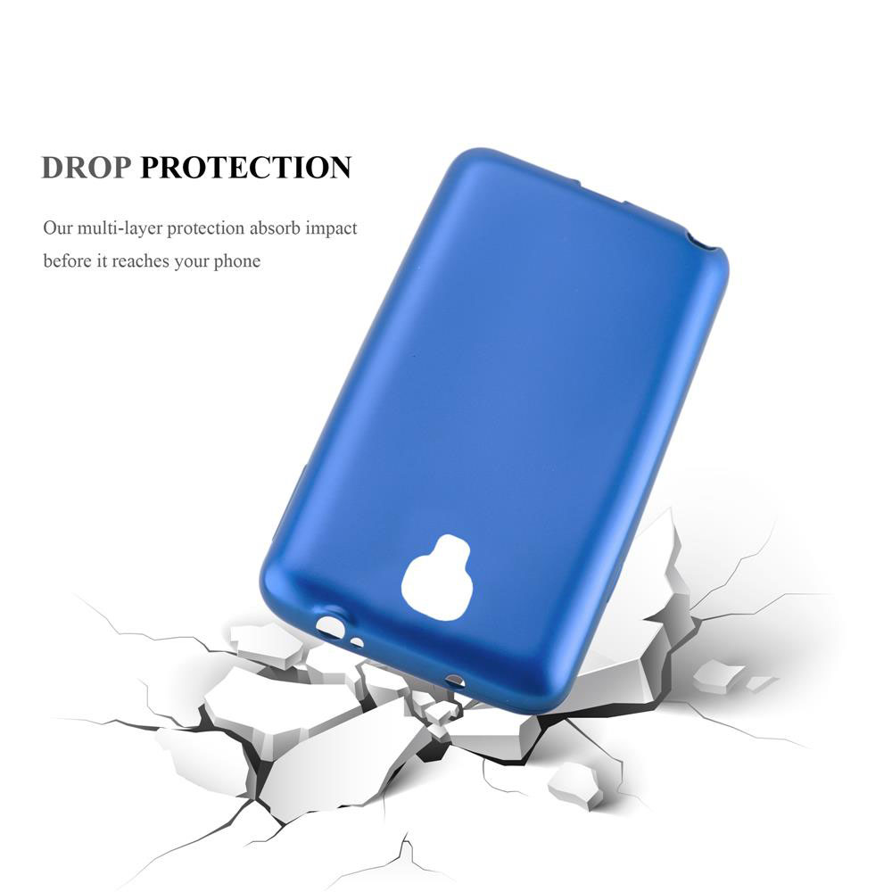 Custodia blu inclinata, con superficie incrinata sotto. Il telefono ha una fotocamera e un flash.