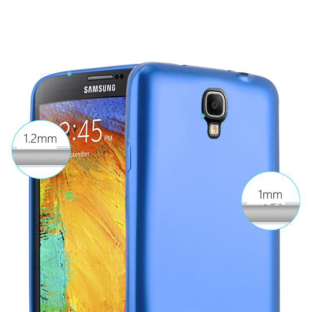 Una custodia per telefono blu su un telefono con il logo Samsung. Il testo recita 1,2 mm e 1 mm, indicando lo spessore della custodia.