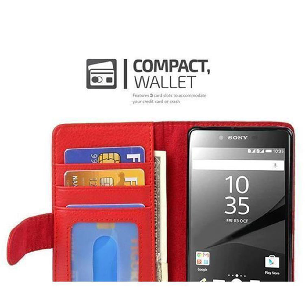 Custodia a portafoglio rossa per telefono. Telefono all'interno con fessure per carte e contanti. Testo: Compatto, Portafoglio.