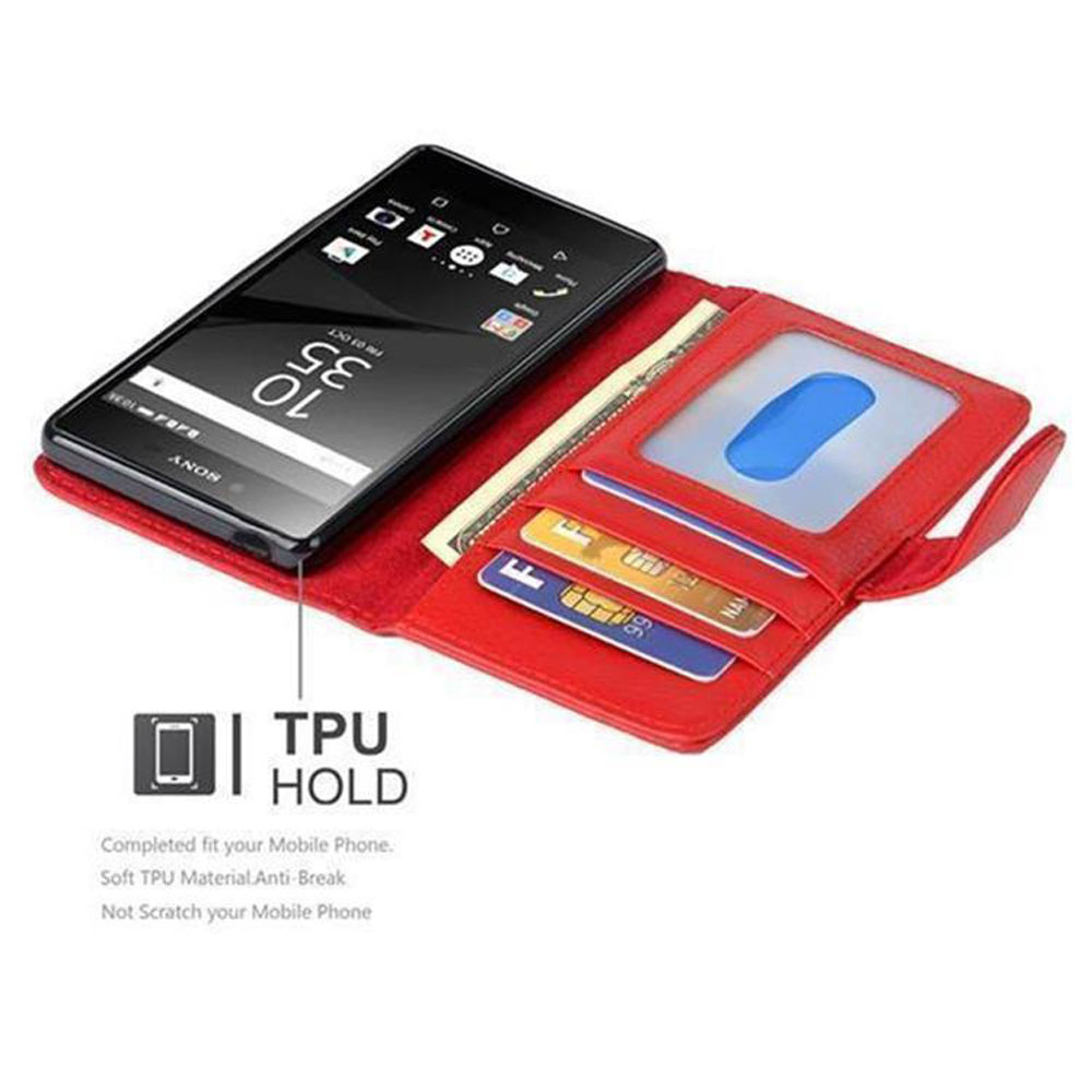 Una custodia per telefono rossa, aperta, che mostra un telefono con carte all'interno. La custodia è su una superficie.
