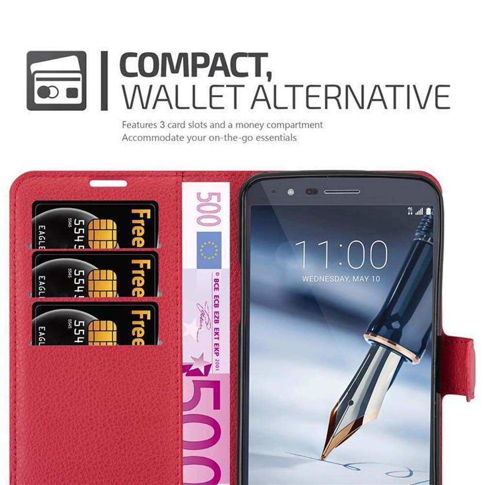 Custodia a portafoglio rossa aperta con telefono e carte. Testo sulle carte e sul portafoglio.