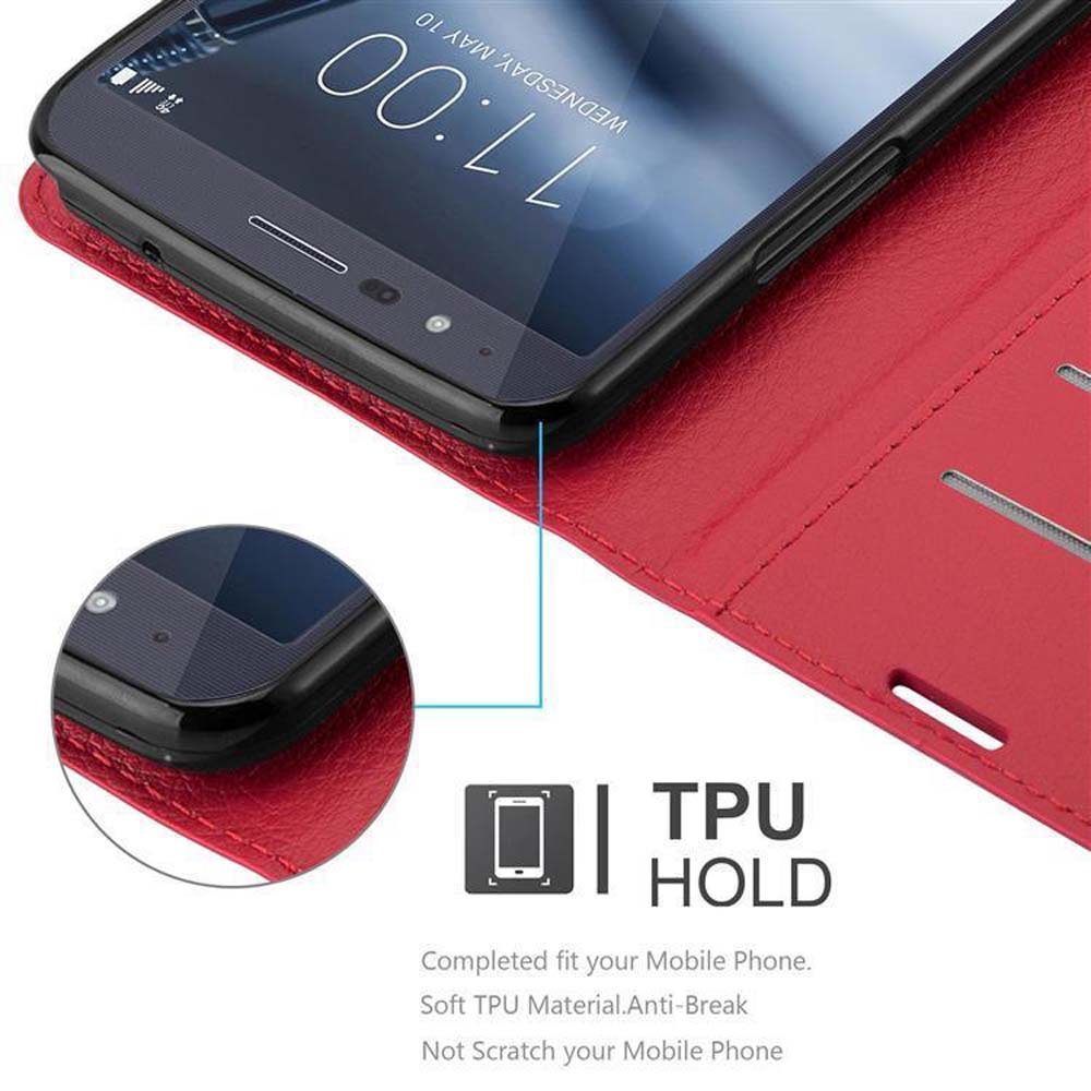 Custodia rossa per telefono, telefono con ora sullo schermo. Testo: TPU HOLD.