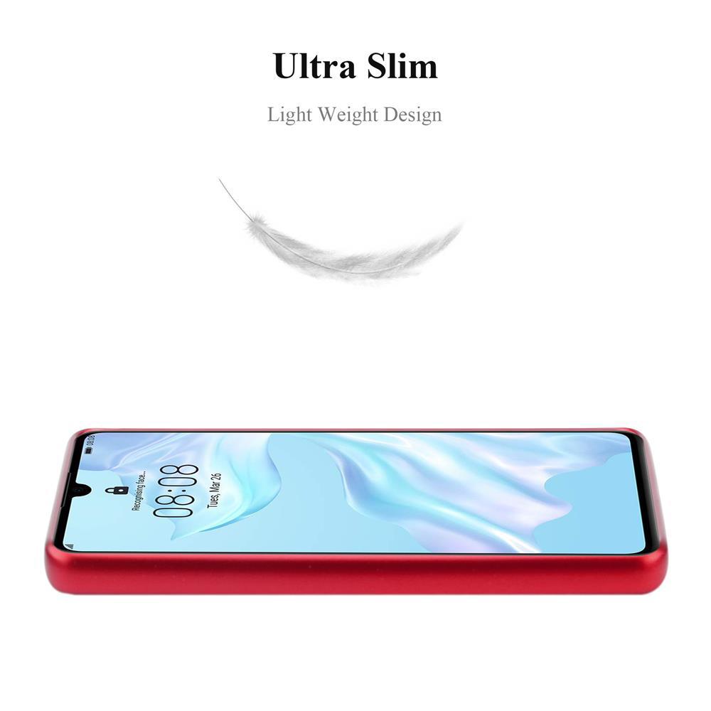 Custodia rossa per telefono, che mostra il design ultrasottile con un'illustrazione di piuma.