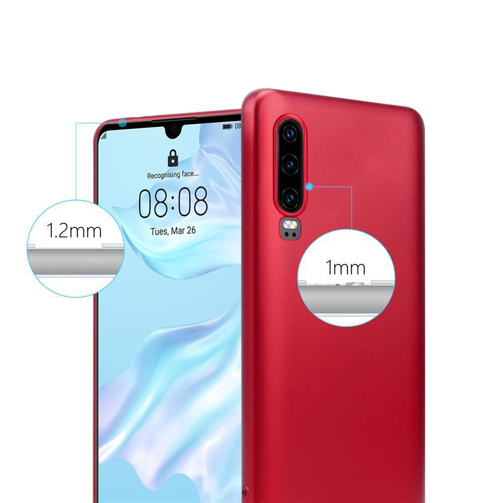 Telefono rosso in custodia rossa. Lo schermo mostra l'ora e il riconoscimento facciale.