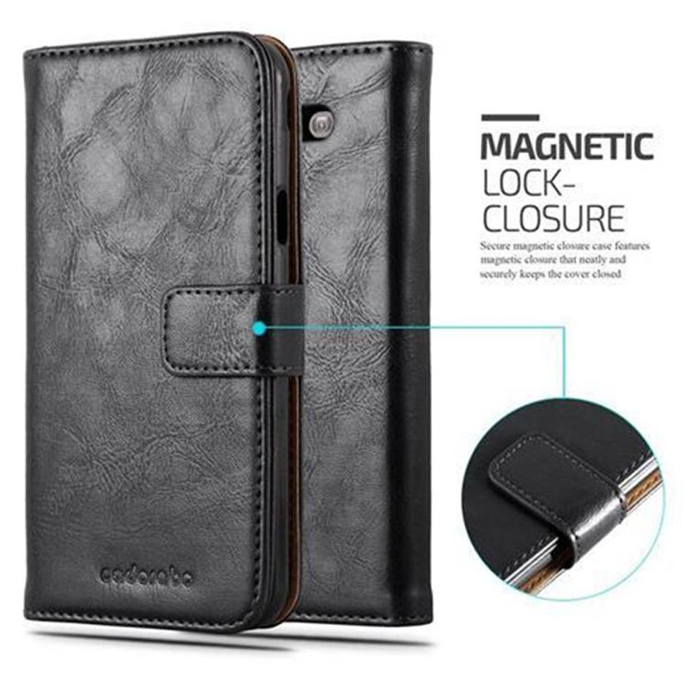 Eine schwarze Handyhülle mit Magnetverschluss. Details der Hülle und des Verschlusses werden gezeigt.