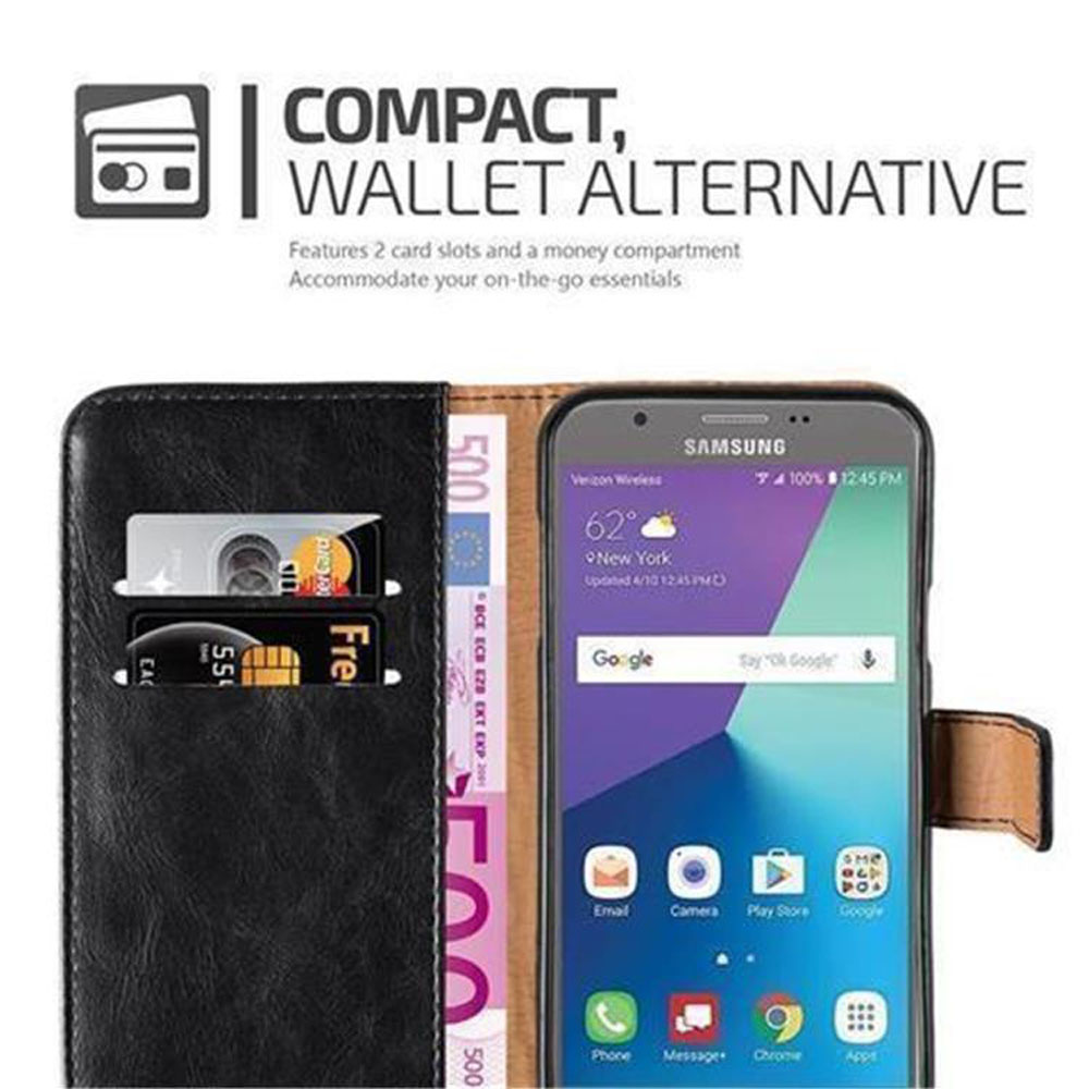 Schwarze Handyhülle, offen. Das Telefon zeigt einen bunten Bildschirm. Es zeigt zwei Kreditkarten und Geld.