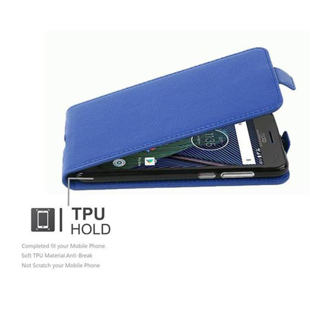Eine blaue Handyhülle ist geöffnet, mit einem Telefon darin. Sie hat einen TPU-Halt und Anti-Bruch-Eigenschaften.
