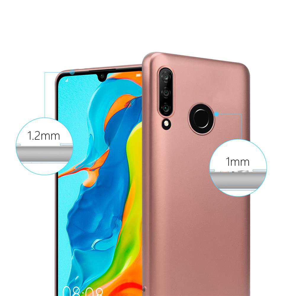Telefono rosa con custodia protettiva, che mostra i bordi e un primo piano del telefono.