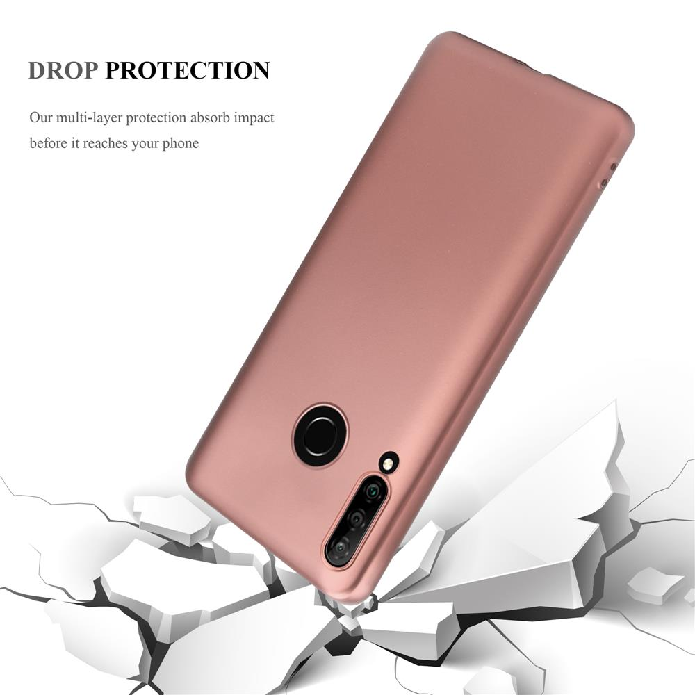 Una custodia per telefono in aria, su sfondo bianco. La custodia è rosa e ha una fotocamera.