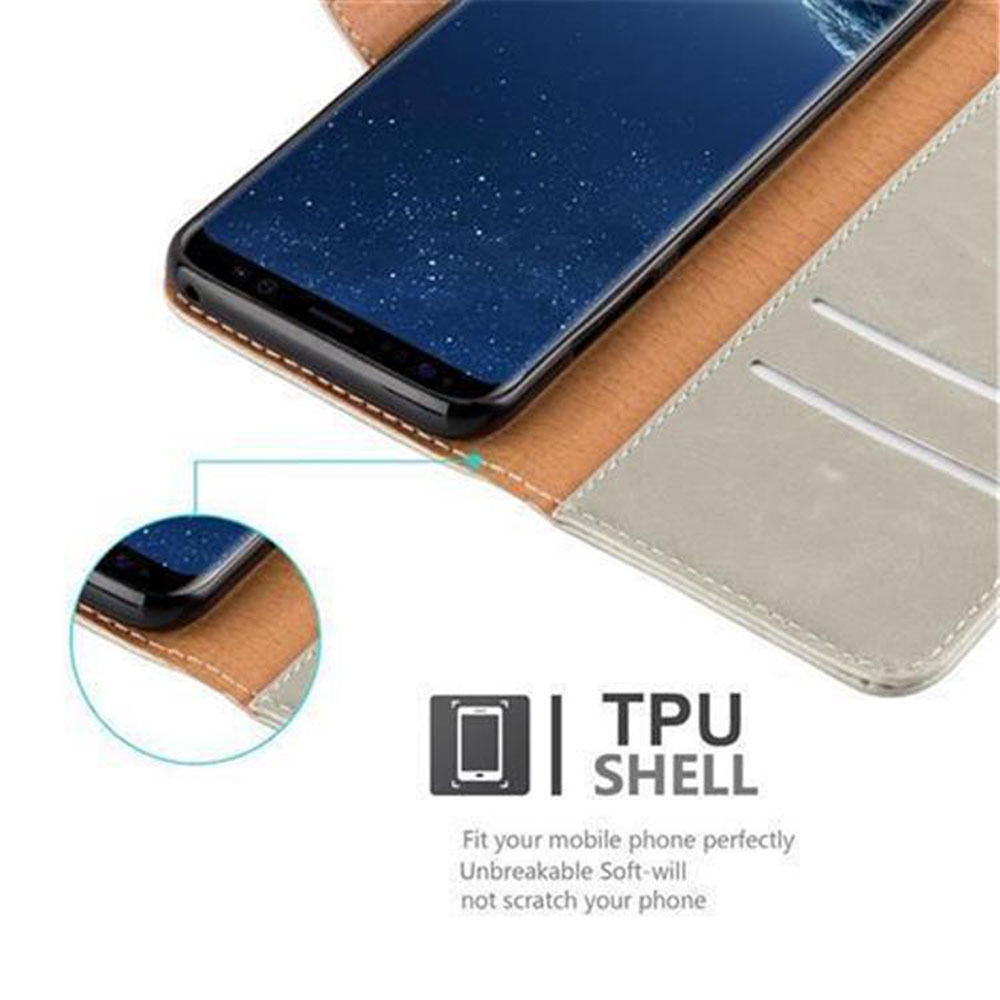 Ein Telefon in einer Hülle, wobei die Hülle geöffnet ist. Ein kleineres Bild des Telefons wird gezeigt.
