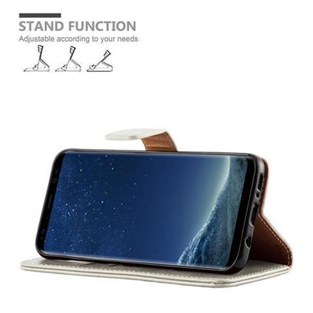 Handyhülle im Ständermodus. Telefon zeigt eine Nachthimmel-Szene. Weißer Hintergrund mit Standfunktionstext.