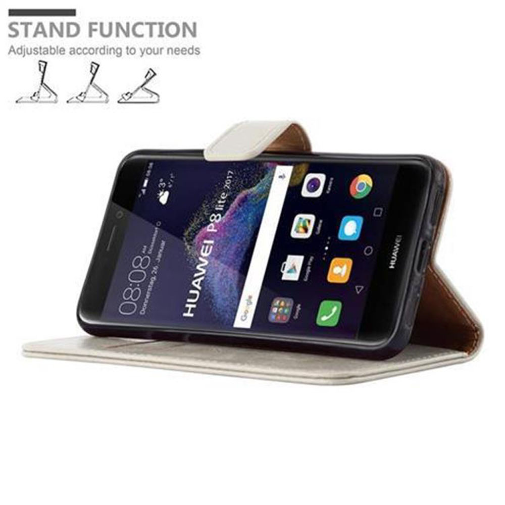 Telefon im Gehäuse, hochgestellt. Text: Standfunktion, an Ihre Bedürfnisse anpassbar. Drei Standfunktionsillustrationen.