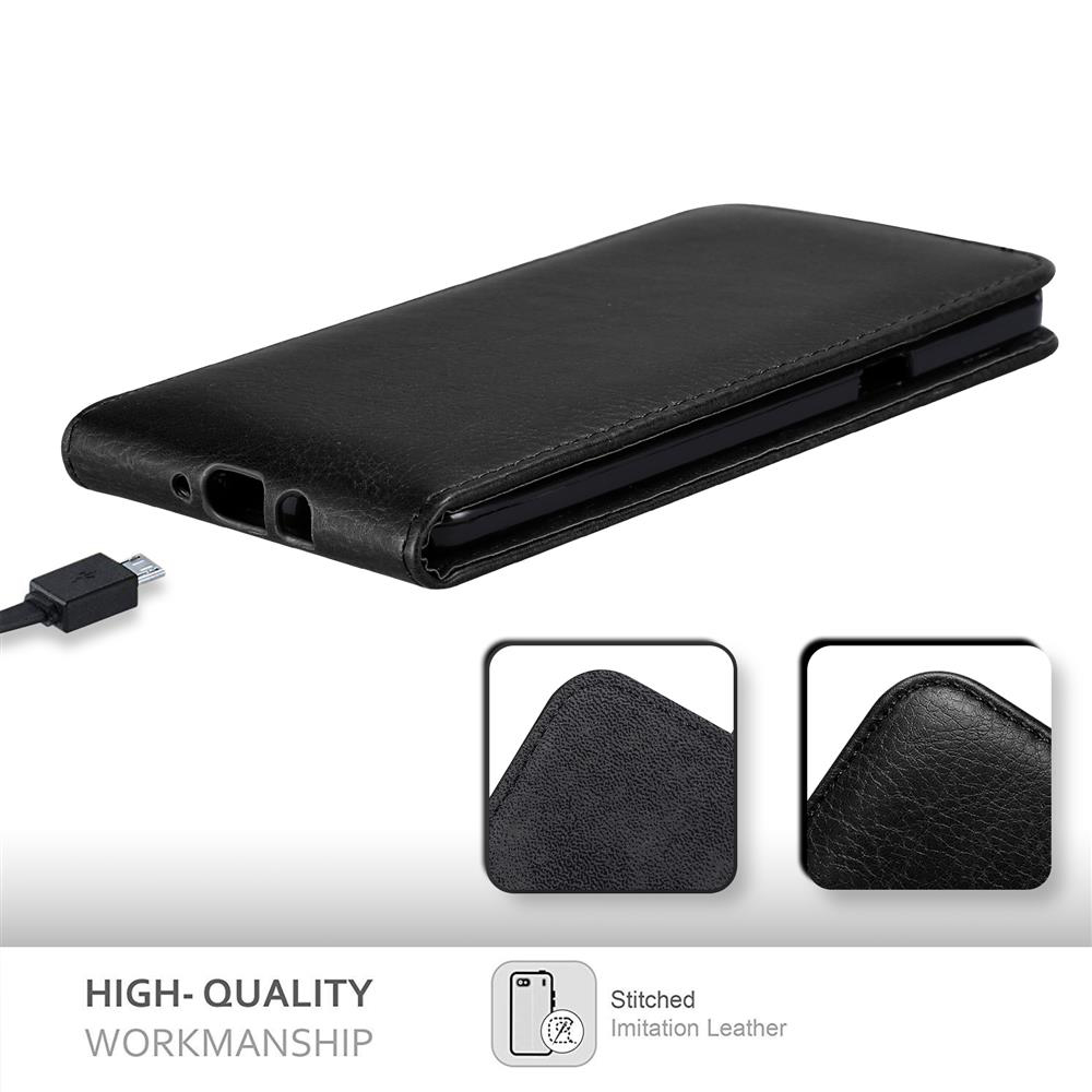 Schwarze Handyhülle mit schwarzem Telefon, Ladeanschluss und einem hochwertigen Etikett.