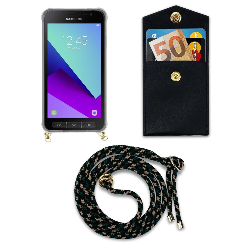 Telefono, cordino e piccolo porta carte nero con carte. Telefono e porta carte sono neri.