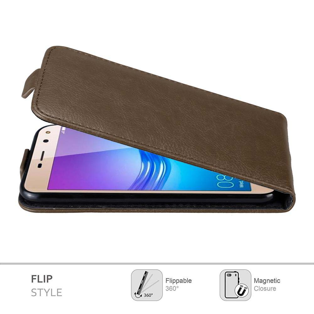 Custodia marrone aperta, che mostra un telefono all'interno, con icone per ribaltabile e chiusura magnetica.