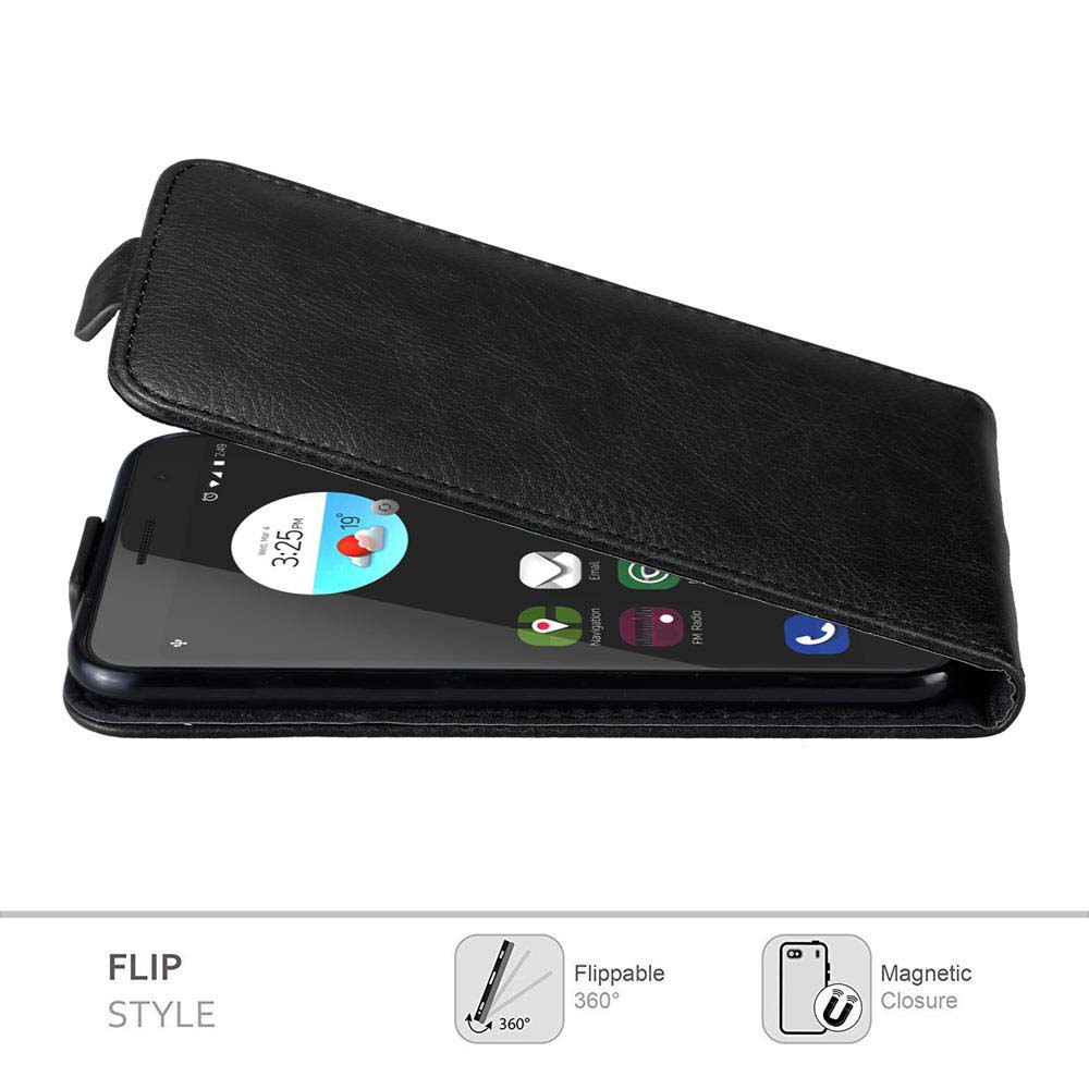 Funda de teléfono negra, abierta con teléfono dentro. Muestra iconos de aplicaciones. Estilo plegable con cierre magnético.