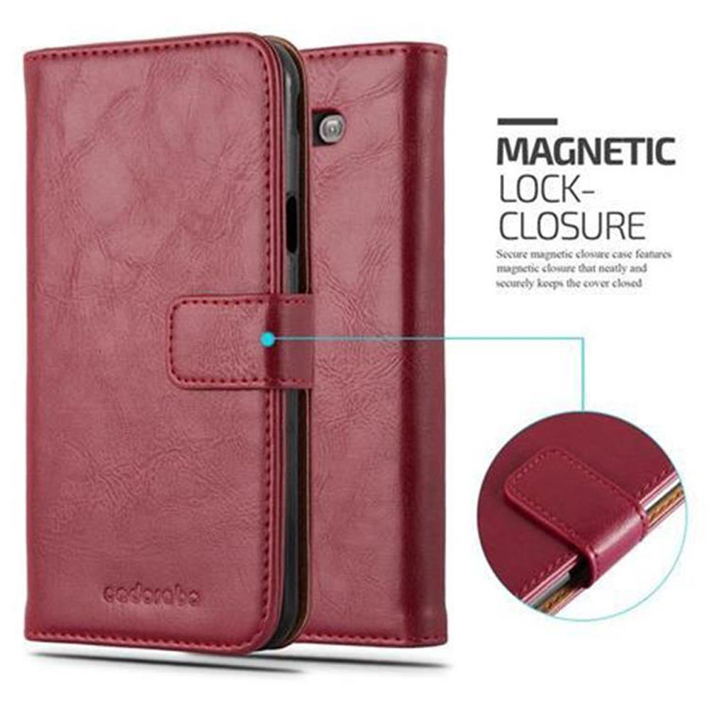 Ein rotes Leder-Wallet-Handy-Case. Es zeigt den Magnetverschluss und die Marke cadorabo.