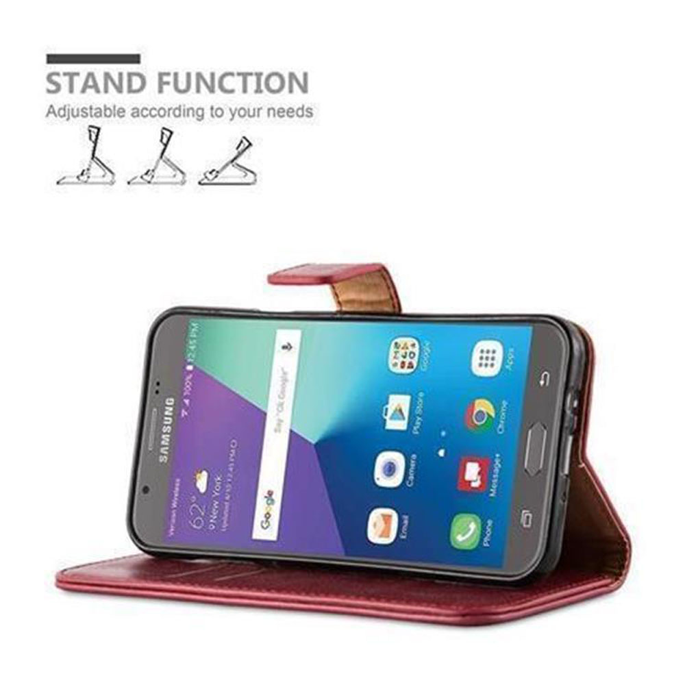 Ein Telefon in einer roten Hülle. Das Telefon zeigt Apps an.