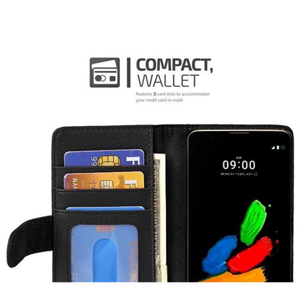 Un telefono all'interno di una custodia a portafoglio con carte e denaro. Il testo dice: 'Portafoglio compatto'.