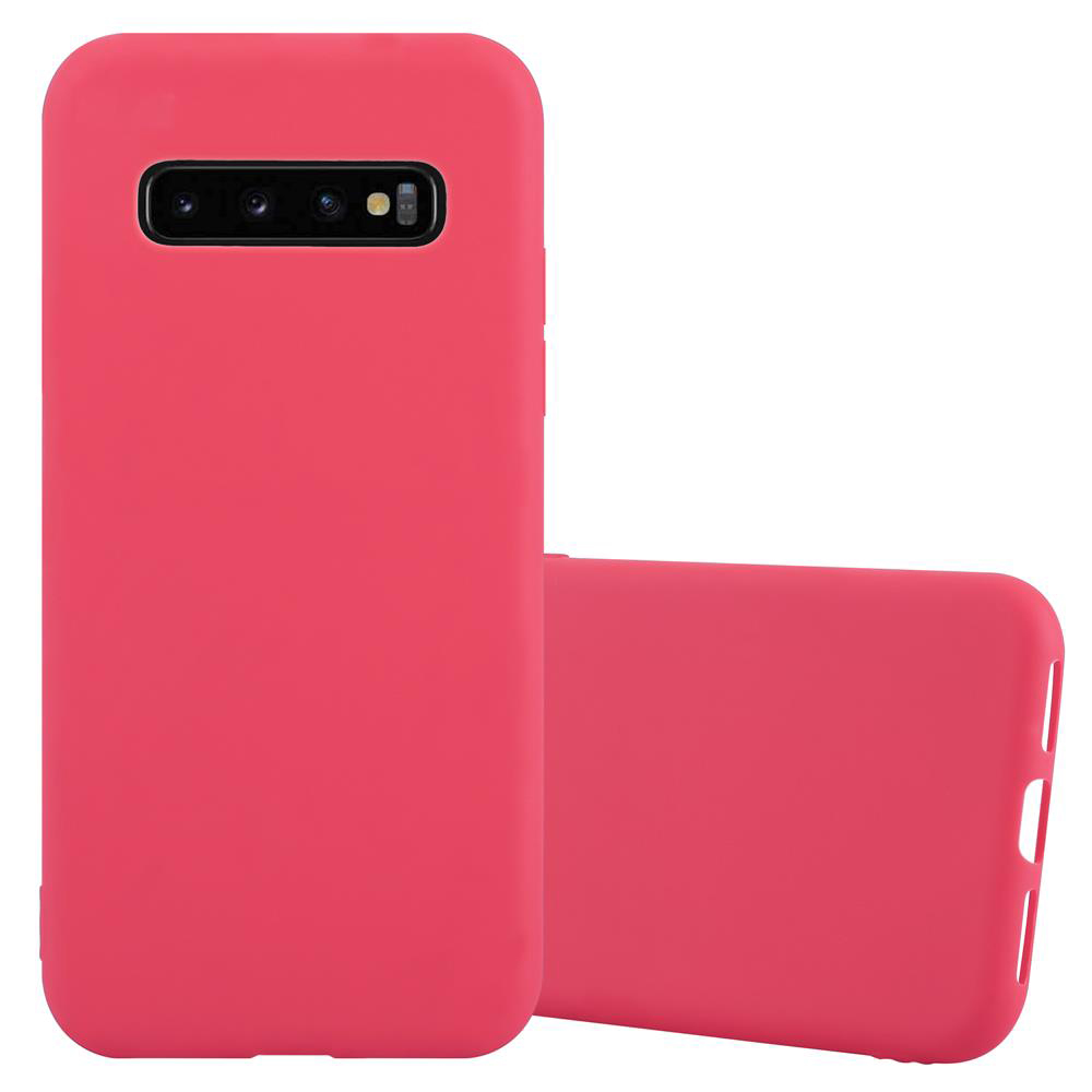 Due custodie rosse per telefono. Una è in piedi, l'altra è sdraiata. Entrambe hanno un ritaglio per la fotocamera.
