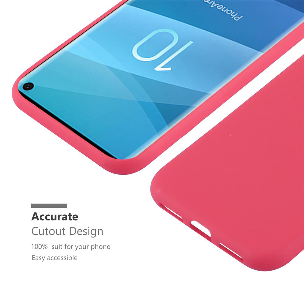 Una custodia rossa per telefono accanto a un telefono. Il testo dice Design di ritaglio accurato.