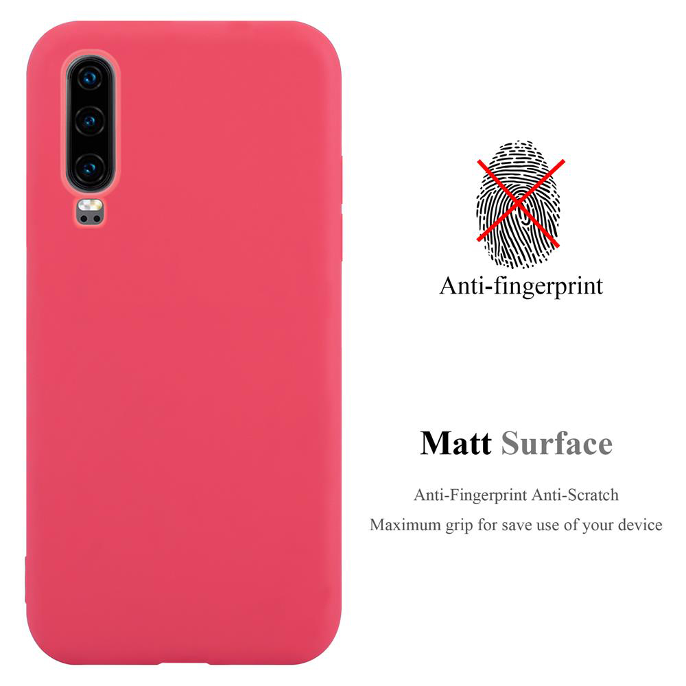 Una custodia per telefono rossa con un telefono. Testo: Anti-impronte digitali Superficie opaca.