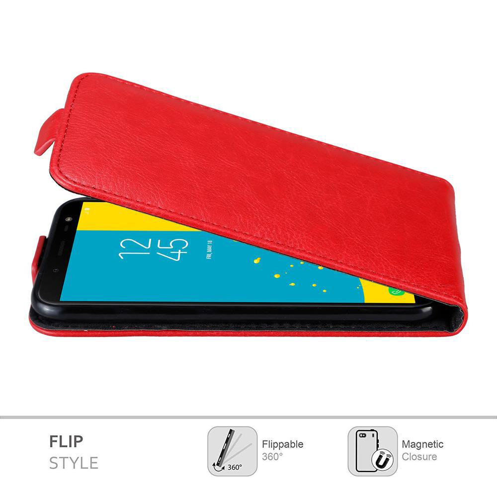 Geöffnete rote Handyhülle. Ein Telefon ist sichtbar, auf dem Bildschirm ist eine Uhrzeit zu sehen.