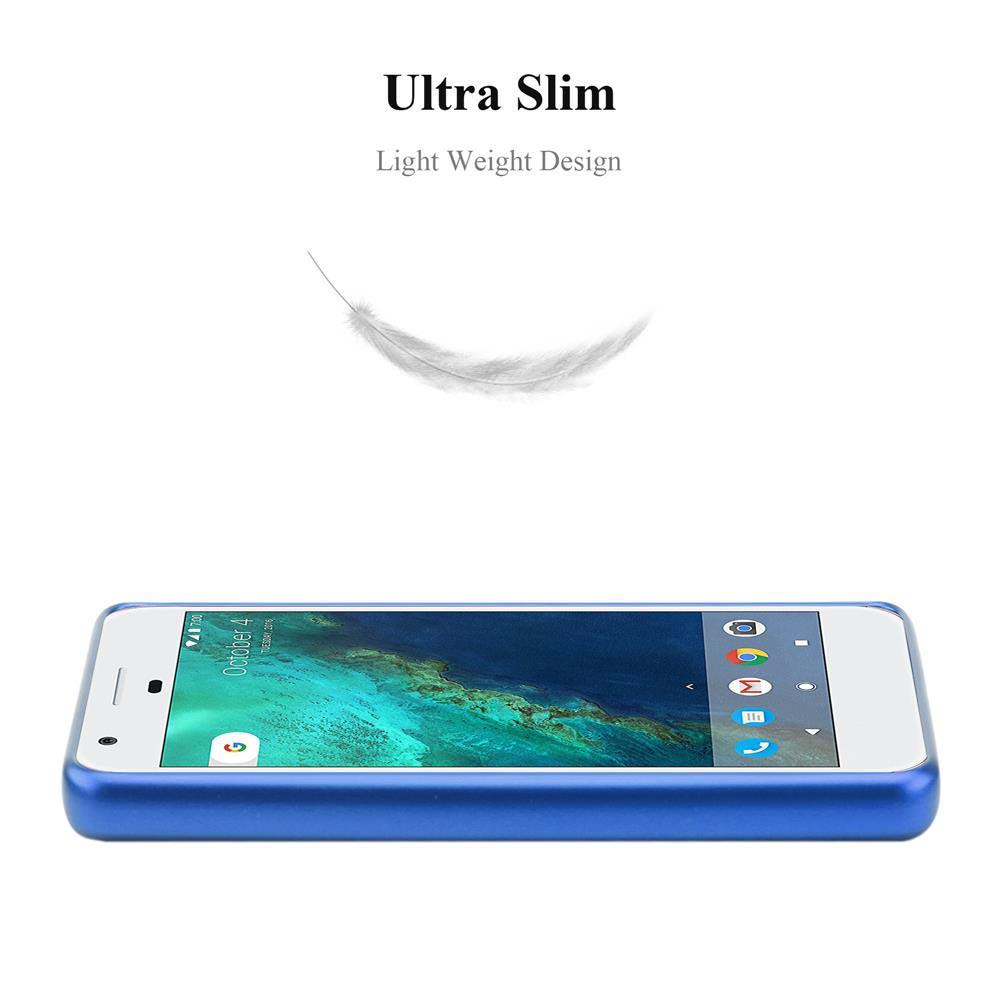 Telefono blu su sfondo bianco. Testo: Ultra Slim. Grafica di piuma.