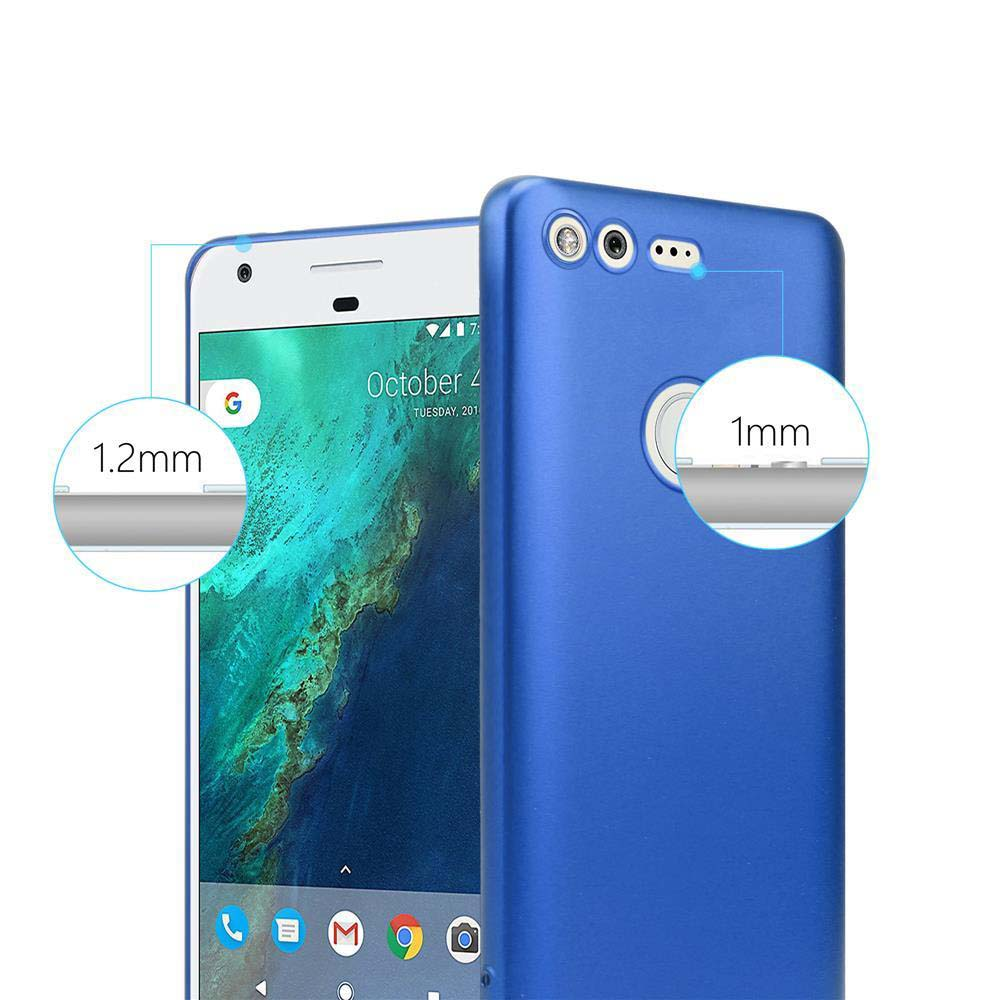 Una custodia blu con un telefono, che mostra lo schermo e la custodia posteriore. Ha un dettaglio di 1,2 mm e 1 mm.