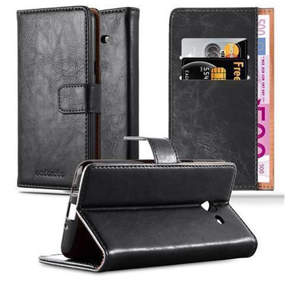 Una funda negra para teléfono con un teléfono dentro. Está abierta y tiene ranuras para tarjetas y efectivo.