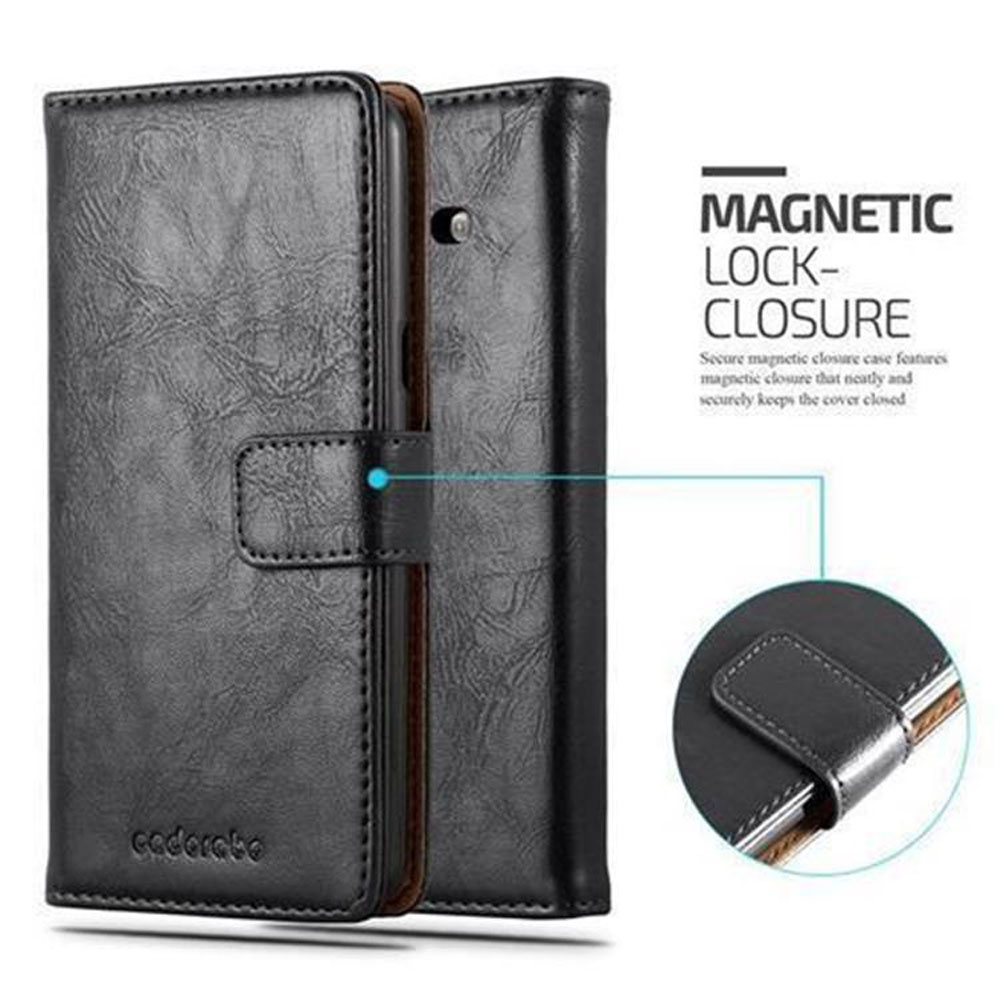 Funda de teléfono de cuero negro, abierta y cerrada. Texto: Cierre magnético, con detalles.