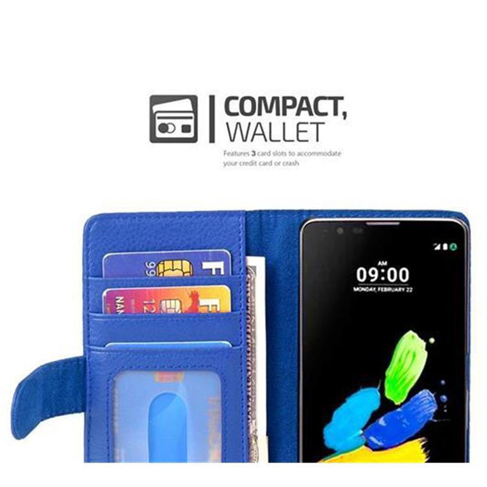Custodia a portafoglio blu con telefono, carte e testo 'Compatto, Portafoglio'.
