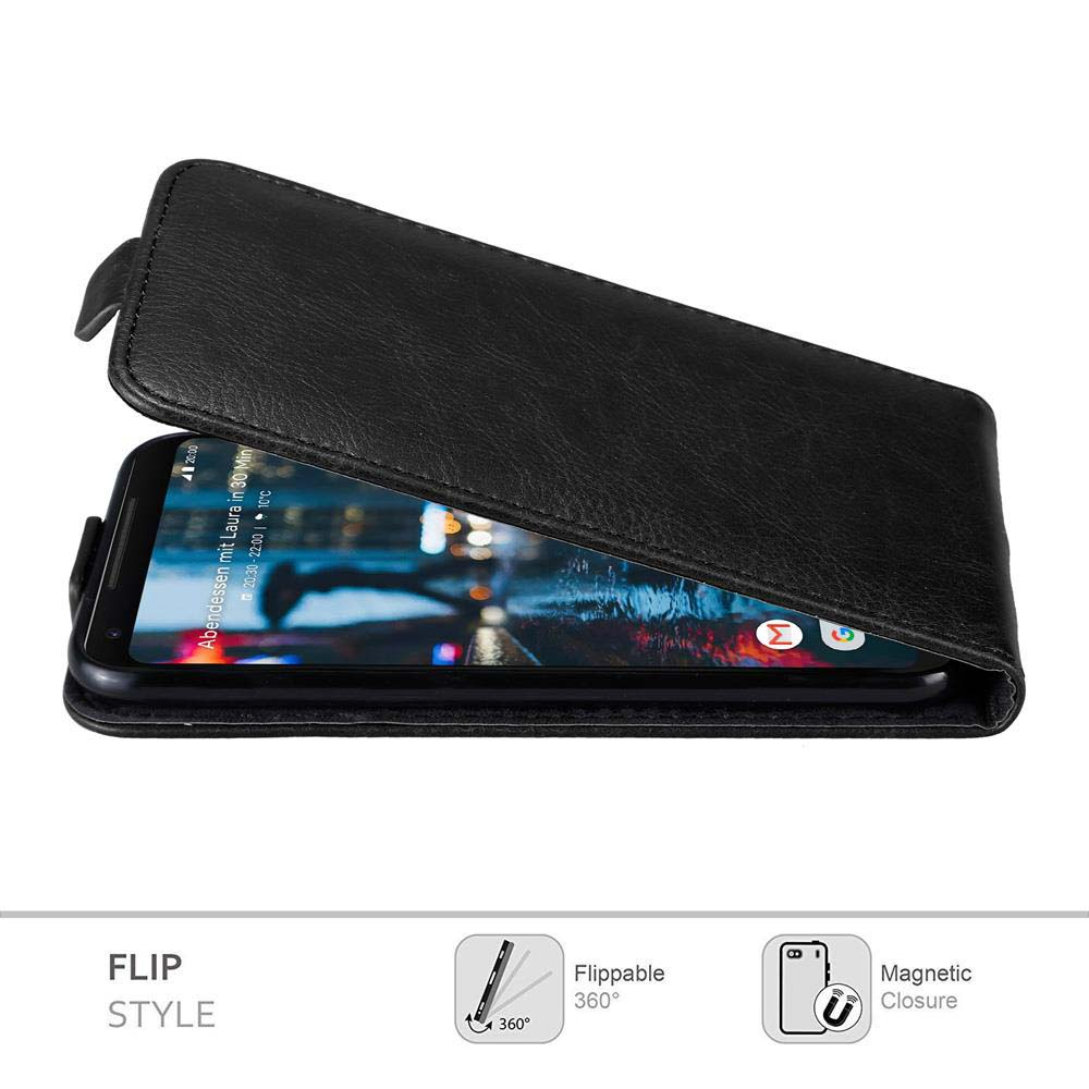 Custodia per telefono in pelle nera aperta, che mostra lo schermo. Icone: Flip Style. Un messaggio sullo schermo.