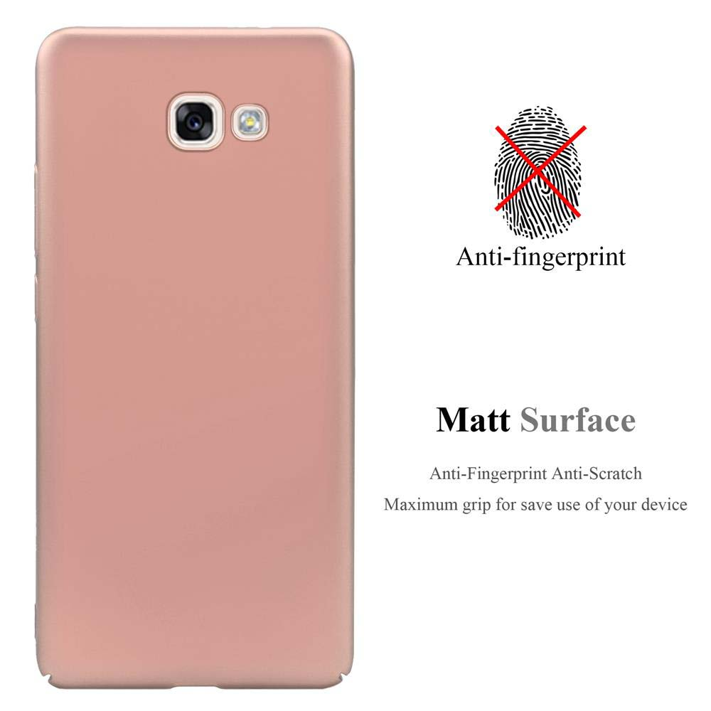 Una custodia per telefono color rosa con fotocamera e la scritta 'Anti-impronte'. Un grafico di impronte digitali è sbarrato.