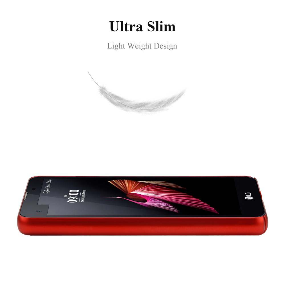 Un telefono rosso è piatto. Il testo sopra dice Ultra Slim e sopra il telefono c'è una piuma.