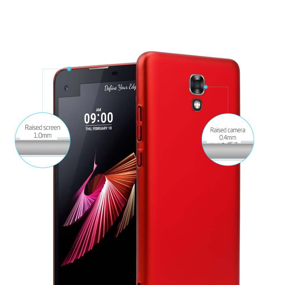 Custodia rossa con telefono che mostra ora e data. Diagramma mostra schermo e fotocamera rialzati.