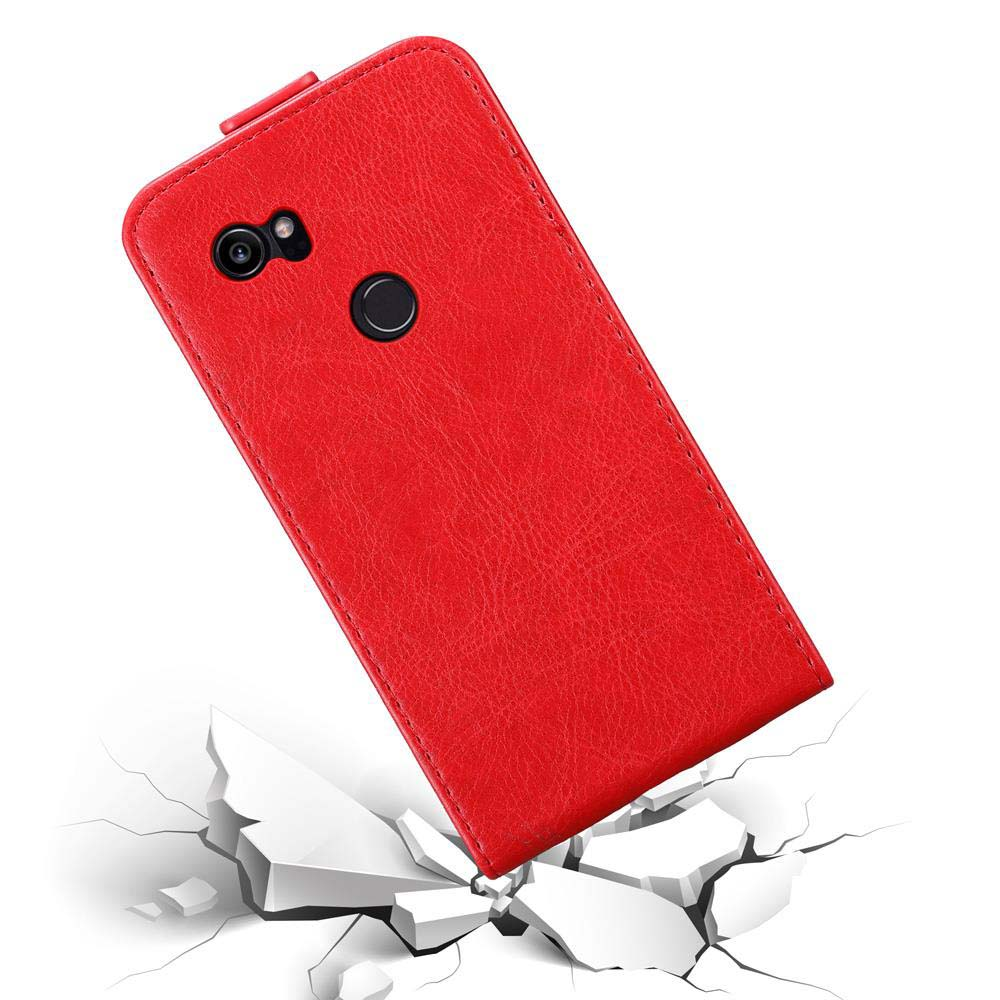 Una custodia per telefono rossa viene fatta cadere su una superficie incrinata. La custodia è rossa con un foro per la fotocamera.