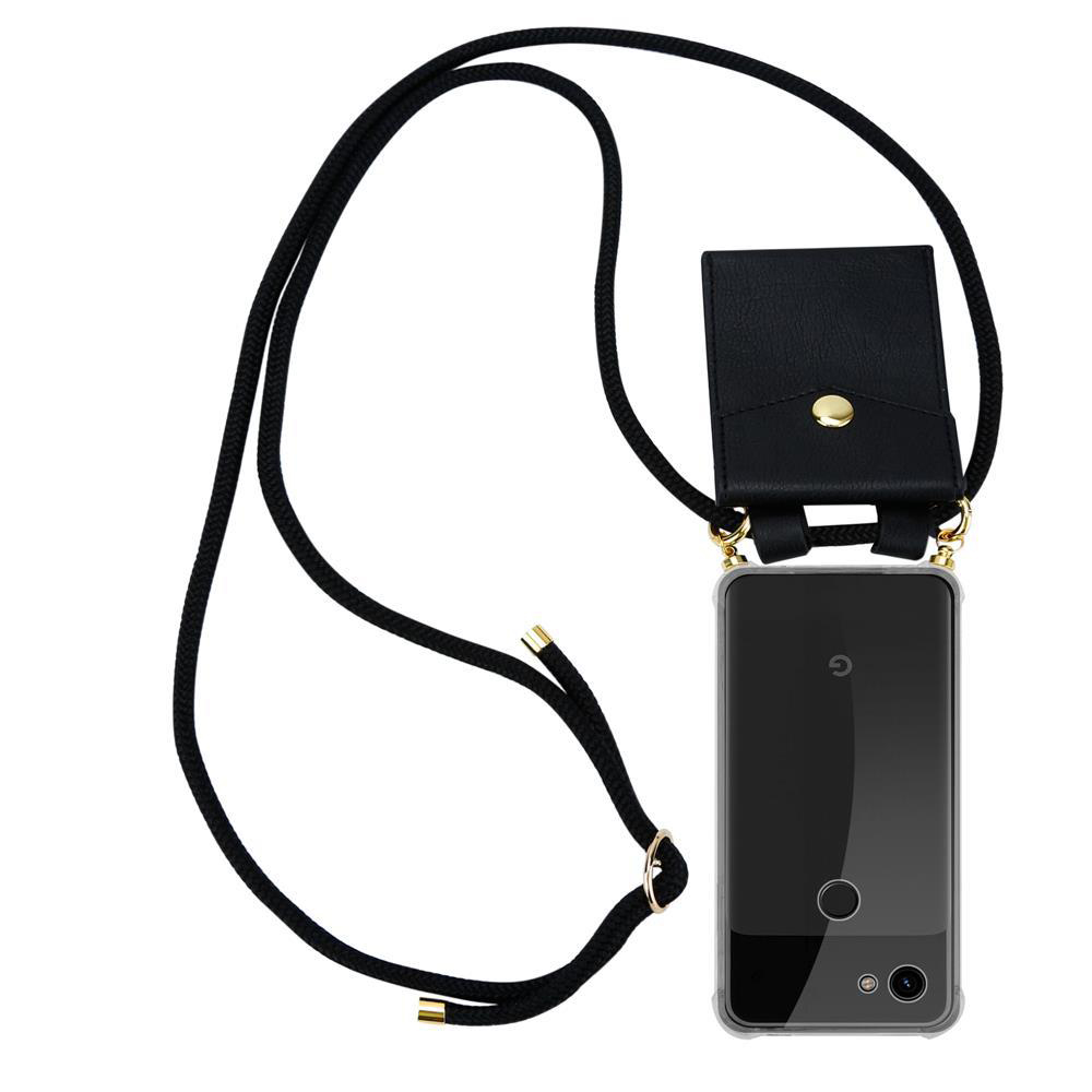 Ein schwarzes Telefon in einer transparenten Hülle mit schwarzem Kordelriemen. Der Riemen ist um den Hals.