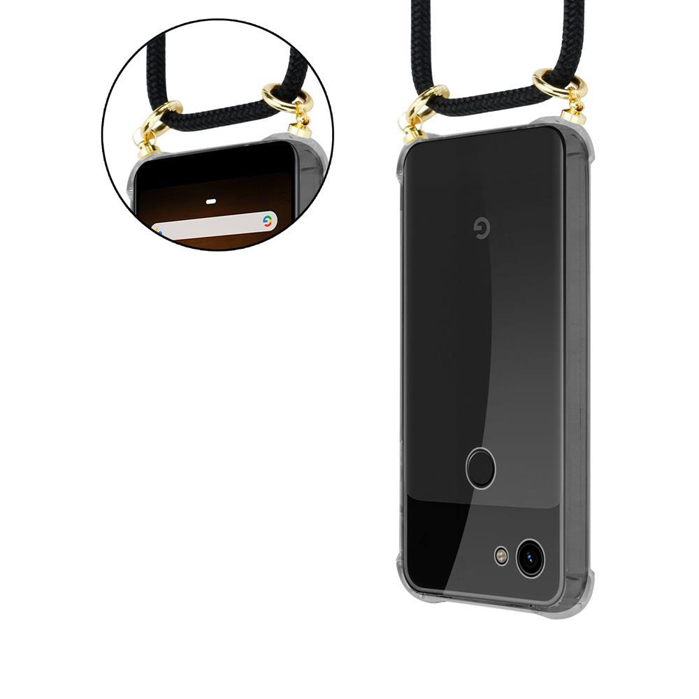 Telefon mit Lanyard-Hülle. Das Telefon befindet sich in einer transparenten Hülle mit einem schwarzen Lanyard.