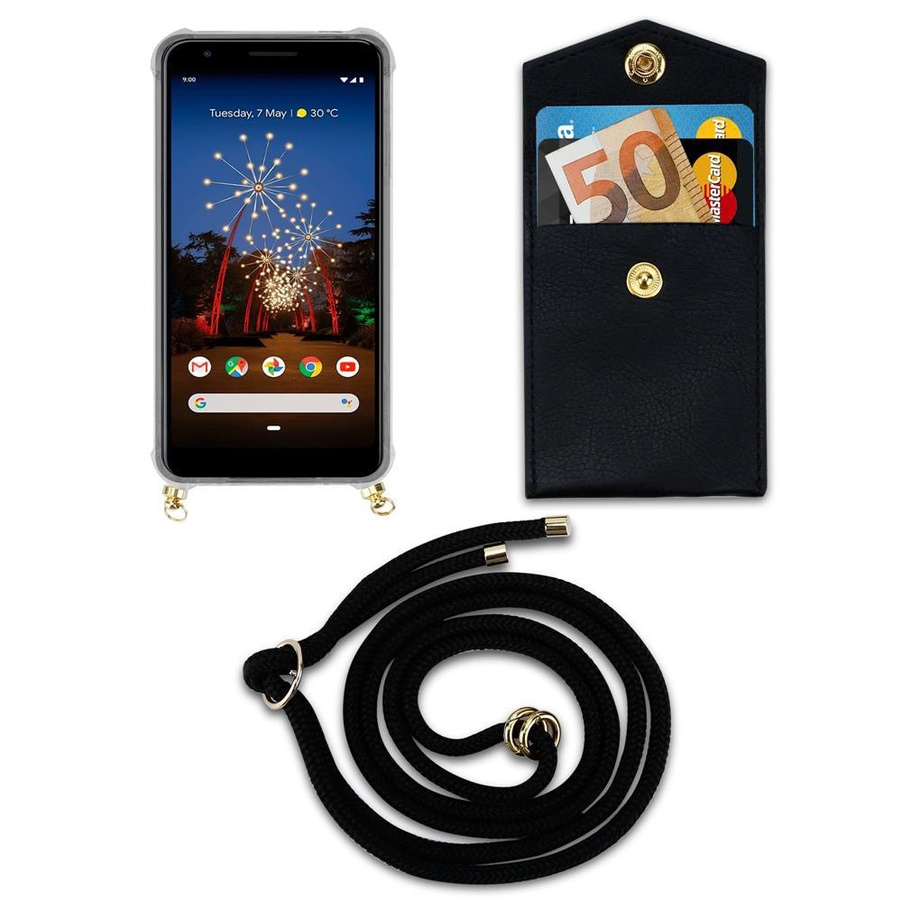 Telefon mit transparentem Gehäuse, schwarzem Kartenhalter und schwarzem Umhängeband. Der Kartenhalter zeigt Geld.
